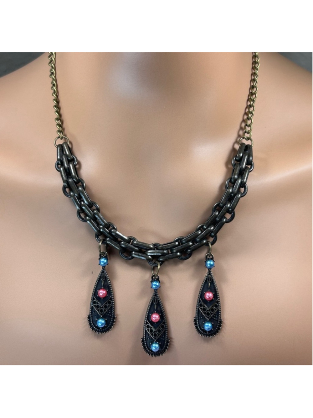 18” Oxidized Antique Gold Necklace with Pink and Blue Accents